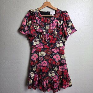 Cinq A Sept 100% Silk Crystal Dress in Maraschino Multi Womens 4 Floral Ruffled
